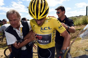 Fabian Cancellara after a crash on stage three of the 2015 Tour de France